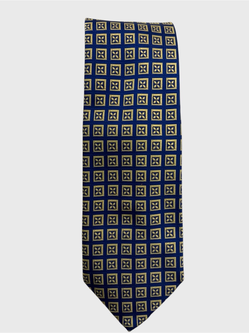 Hilditch & Key Blue Gold Embroidered Geometric Floral Print Silk Neck Tie